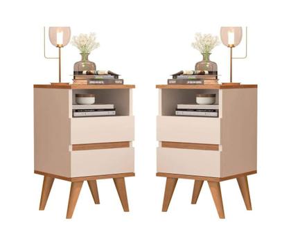 Imagem de Mesa De Cabeceira Retrô Pés Palito2 Gavetas e 1 Nicho Pop Off White Com Nature