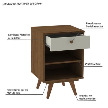 Imagem de Mesa de Cabeceira Retro Plus 1 Gaveta Conhaque/Carvalho/Off White - Olivar Móveis