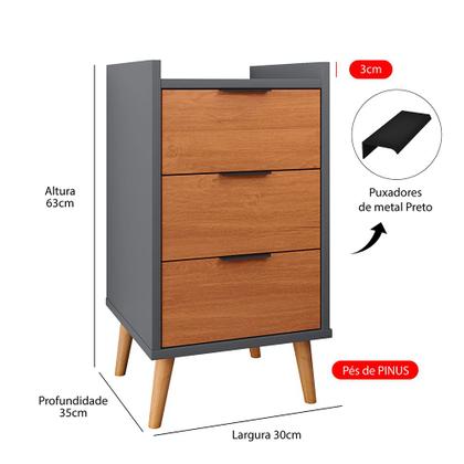 Imagem de Mesa De Cabeceira Retrô Quarto Mesa Lateral Canto Decorativo Toni 3 Gavetas Cinza Com Cinamomo G2 Plus