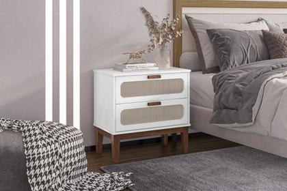 Imagem de mesa de cabeceira Santorini 60cm pes de madeira 2 gavetas branco