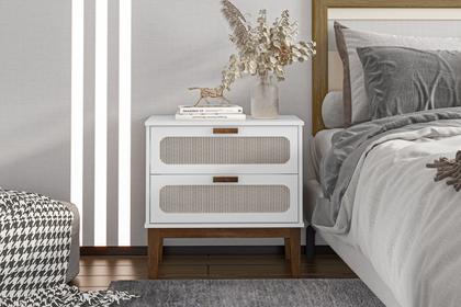 Imagem de mesa de cabeceira Santorini 60cm pes de madeira 2 gavetas branco