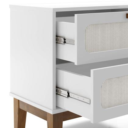 Imagem de mesa de cabeceira Santorini 60cm pes de madeira 2 gavetas branco
