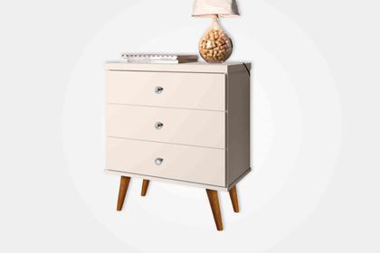 Imagem de Mesa de Cabeceira STA Estilo Retrô Com Pés Palito 3 Gavetas Com Puxadores Cromados Cor Off White