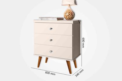 Imagem de Mesa de Cabeceira STA Estilo Retrô Com Pés Palito 3 Gavetas Com Puxadores Cromados Cor Off White