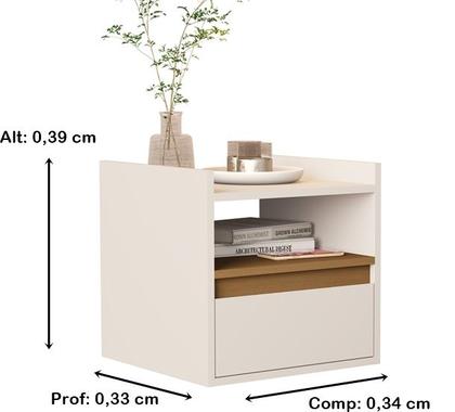 Imagem de Mesa de Cabeceira suspensa com porta basculante Minerva Cor Off white / Nature - Comprar Moveis em Casa