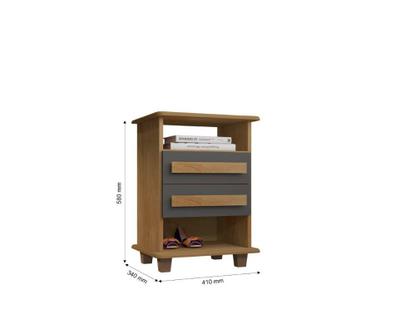 Imagem de Mesa de Cabeceira TURI 2 Gavetas Com Corrediças Telescópicas 2 Nichos Porta Objetos Tampo e Base de 15mme e Puxadores Em MDF Cor Cinamomo/Grafite