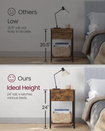 Imagem de Mesa de cabeceira VASAGLE com gaveta de tecido de 60 cm com prateleira de armazenamento