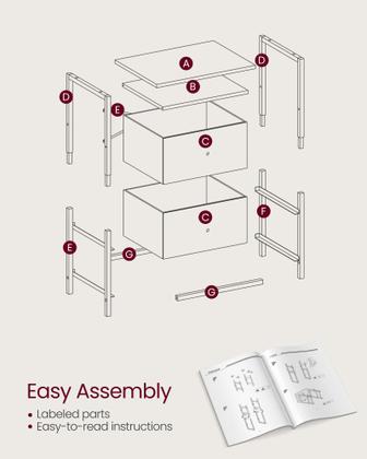 Imagem de Mesa de cabeceira VASAGLE, conjunto de 2 com gavetas de tecido de 61 cm