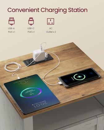 Imagem de Mesa de cabeceira VASAGLE LIRY Farmhouse com estação de carregamento