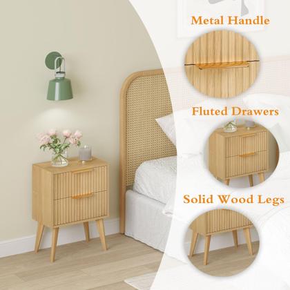 Imagem de Mesa de cabeceira YAUKOMEL canelada com 2 gavetas brancas com pernas de madeira