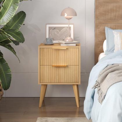 Imagem de Mesa de cabeceira YAUKOMEL canelada com 2 gavetas brancas com pernas de madeira
