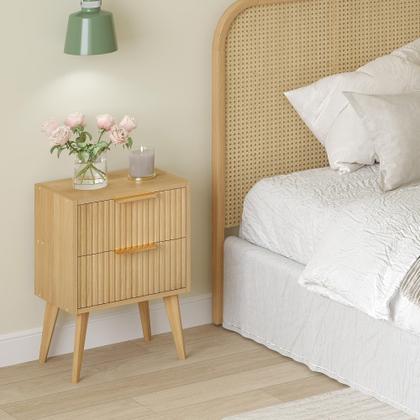 Imagem de Mesa de cabeceira YAUKOMEL canelada com 2 gavetas brancas com pernas de madeira