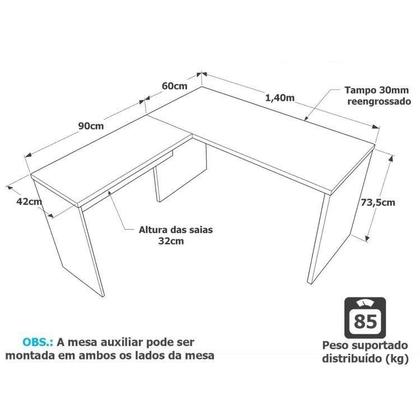 Imagem de Mesa de Canto em L para Escritório Tampo 140cm Branco