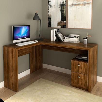 Imagem de Mesa De Canto Para Escritório Em L Angular Com 2 Gavetas Nogal