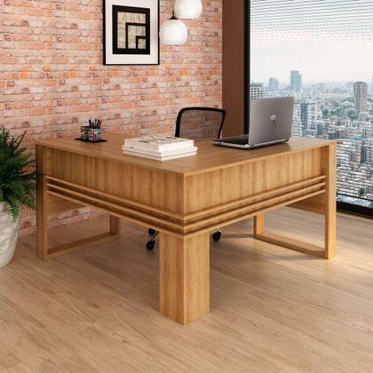 Imagem de Mesa De Canto Para Escritório Em L Angular Detalhe Ripado Amêndoa
