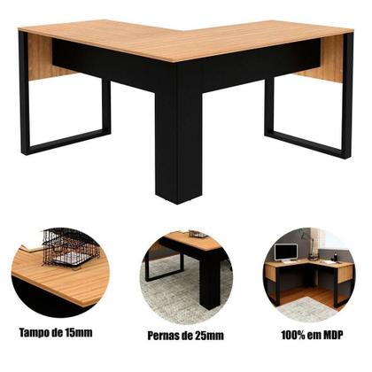 Imagem de Mesa De Canto Para Escritório Em L Mdp Amêndoa/preto