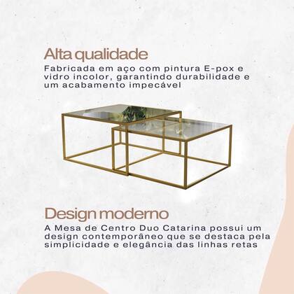 Imagem de Mesa de Centro Industrial Moderna Atemporal Duo Catarina Dourado e Tampo de Vidro