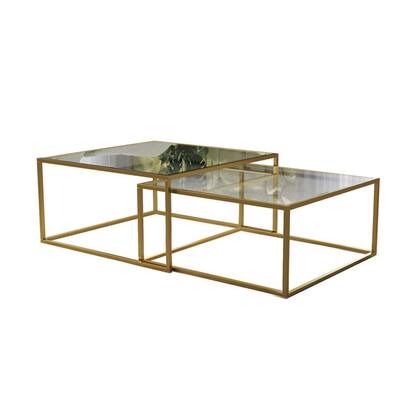Imagem de Mesa de Centro Industrial Moderna Atemporal Duo Catarina Dourado e Tampo de Vidro