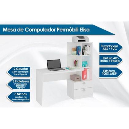 Imagem de Mesa de Computador Elisa c/ 2 Gavetas e 6 Nichos Branco - Permóbili