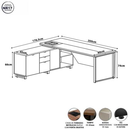 Imagem de Mesa de Escritório Executiva 200cm com Armário Lateral e Caixa de Tomadas Corporate