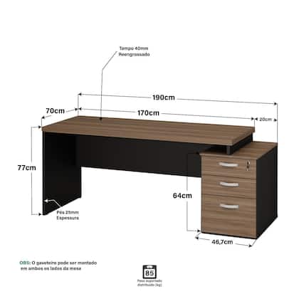 Imagem de Mesa de Escritório Pedestal Retangular em Office 3 Gavetas 190cm Nogal Marrom