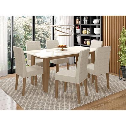 Imagem de Mesa de Jantar 160cm Liz com Vidro Carvalho Off White e 6 Cadeiras Josi Liso Carvalho Fendi  Poliman