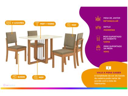 Imagem de Mesa de Jantar 4 Cadeiras Retangular Tampo de MDF com Vidro Malbec Kappesberg