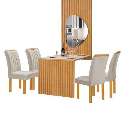 Imagem de Mesa de Jantar 4 Lugares Bella Arizona com Vidro e Espelho Ripado Cinamomo/Off White/Bege Claro - Cel Móveis