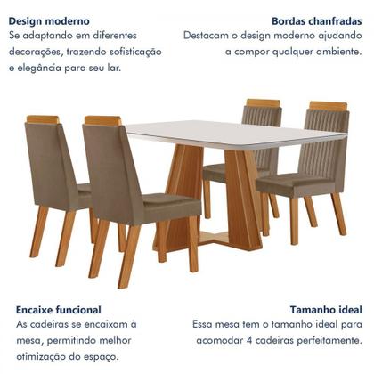 Imagem de Mesa de Jantar 4 Lugares Madri com Vidro Castanho/Cinamomo/Suede Capuccino - Lj Móveis