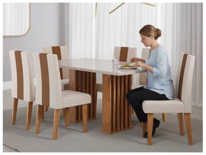 Imagem de Mesa de Jantar 6 Cadeiras 6 Lugares Retangular Mel Bronze e Off White Viero Móveis Vigo
