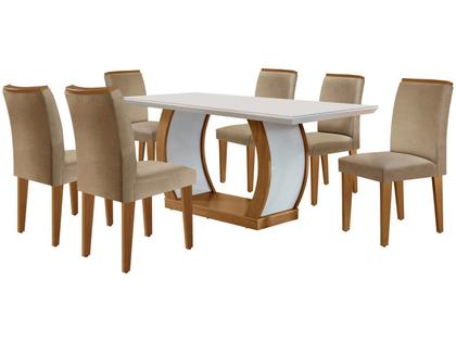 Imagem de Mesa de Jantar 6 Cadeiras Retangular Imbuia e Off White Tampo de MDF com Vidro Rufato Jade