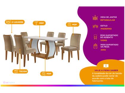 Imagem de Mesa de Jantar 6 Cadeiras Retangular Imbuia e Off White Tampo de MDF Rufato Jade