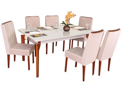 Mesa de Jantar 6 Cadeiras Retangular Madeira Maciça Mel e Off-White Tampo de Vidro Abeille Móveis São Carlos Imagem de Mesa de Jantar 6 Cadeiras Retangular Madeira Maciça Mel e Off-White Tampo de Vidro Abeille Móveis São Carlos