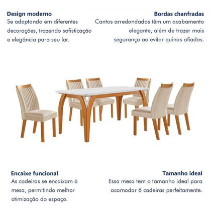 Imagem de Mesa de Jantar 6 Lugares Agata com Vidro Castanho/Cinamomo/Suede Creme - Lj Móveis