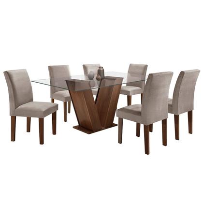 Imagem de Mesa de Jantar 6 Lugares Classic com Vidro Chocolate/Linho Cinza - Cel Móveis