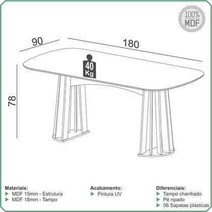 Imagem de Mesa De Jantar 6 Lugares Pés Ripado Orgânico 180cm Dalí D03 Off White Freijó - Lyam Decor