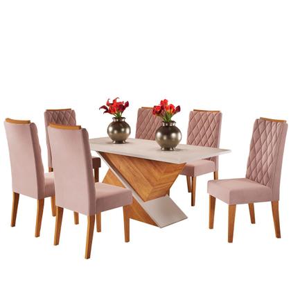 Imagem de Mesa de Jantar 6 Lugares Poliana Mel/Blonde/Veludo Rosa - Viero Móveis