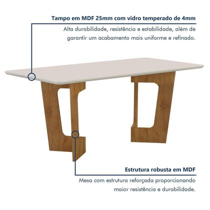 Imagem de Mesa de Jantar 6 Lugares Retangular 160cm Tampo Vidro/MDF de 2,5cm Liz Bege/Cinamomo/Off White
