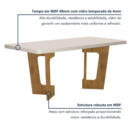 Imagem de Mesa de Jantar 6 Lugares Retangular 160cm Tampo Vidro/MDF de 4cm Liz Bege/Cinamomo/Off White