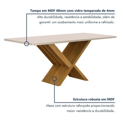 Imagem de Mesa de Jantar 6 Lugares Retangular 180cm Tampo Vidro/MDF de 4cm Aurora