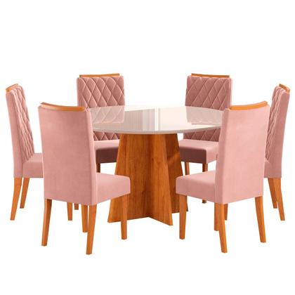 Imagem de Mesa de Jantar 6 Lugares Virginia com Vidro Mel/Off White/Veludo Rosa - Pnr Móveis