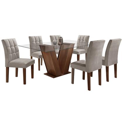 Imagem de Mesa de Jantar 6 Lugares Vitória com Vidro Chocolate/Linho Cinza - Cel Móveis