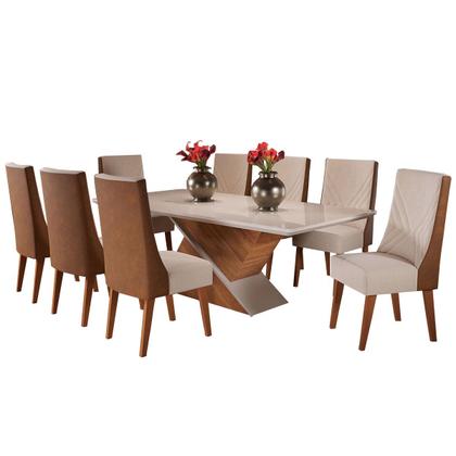 Imagem de Mesa de Jantar 8 Lugares Luxury com Vidro Mel/Off White/Bronze - Viero Móveis