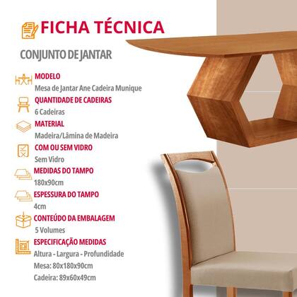 Imagem de Mesa de Jantar Ane 180cm Tampo Laminado Barril com 6 Cadeiras Munique