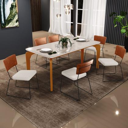 Imagem de Mesa De Jantar Capri 160 Off White Com 6 Cadeiras Allana B05 material sintético Camel Linho Cru - Lyam Decor