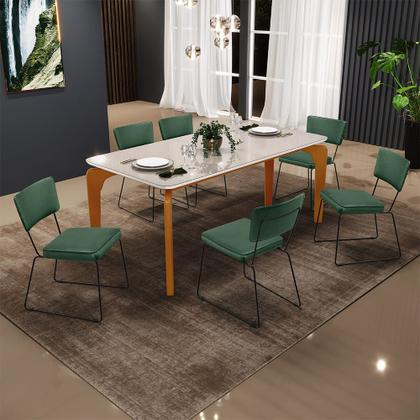Imagem de Mesa De Jantar Capri 160cm Off White Nature Com 6 Cadeiras Allana B05 Facto Verde Musgo - Lyam Decor