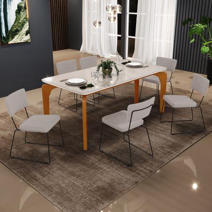 Imagem de Mesa De Jantar Capri 160cm Off White Nature Com 6 Cadeiras Allana B05 Linho Bege - Lyam Decor