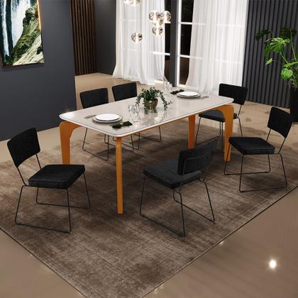 Imagem de Mesa De Jantar Capri 160cm Off White Nature Com 6 Cadeiras Allana B05 Linho Chumbo - Lyam Decor