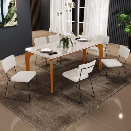 Imagem de Mesa De Jantar Capri 160cm Off White Nature Com 6 Cadeiras Allana B05 Linho Cru - Lyam Decor