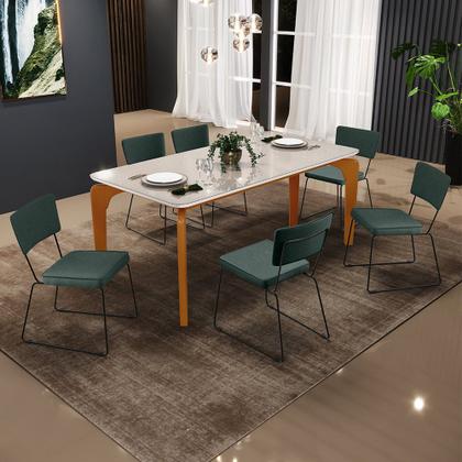 Imagem de Mesa De Jantar Capri 160cm Off White Nature Com 6 Cadeiras Allana B05 Linho Verde Musgo - Lyam Decor